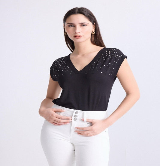 Polera Holgada Escote V Aplicación en Hombros JJO