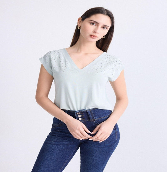 Polera Holgada Escote V Aplicación en Hombros JJO